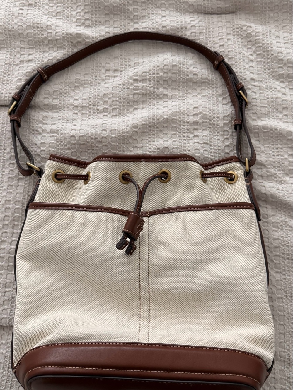 Zara Canvas Drawstring Shoulder Bag in Cream and Brown